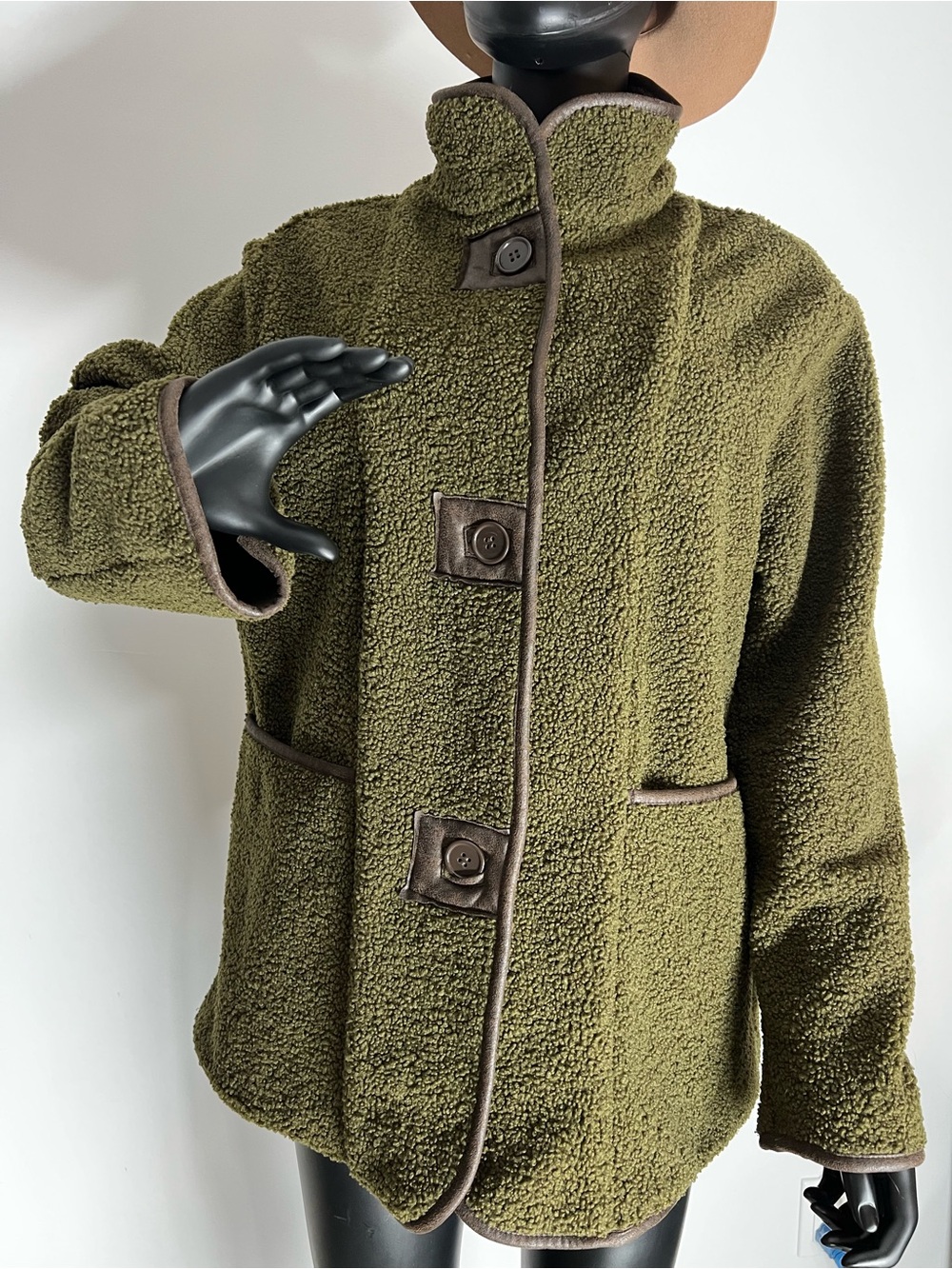 Max Studio Olive Green Sherpa Jacket with Brown Faux Leather Trim
